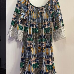 Blue and Green Patterned Dress with White Lace